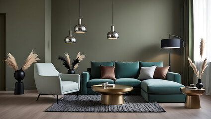 Modern luxury interiors designs. Empty painted wall.dark accent furniture and blank background.Bedroom interior trend 2024 year Modern luxury apricot room interior home designs