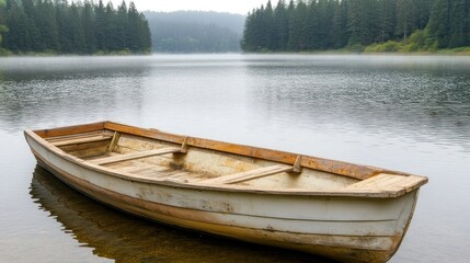 Obraz premium Wooden Rowboat Moored in Foggy Lake Surrounded by Trees