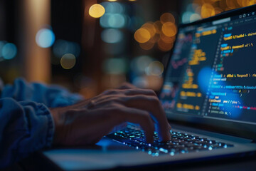 close-up of a medical data scientist coding on a laptop developing algorithms for patient data prediction