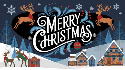 Obraz premium Christmas scene with reindeer, snowy landscape, and festive decorations.