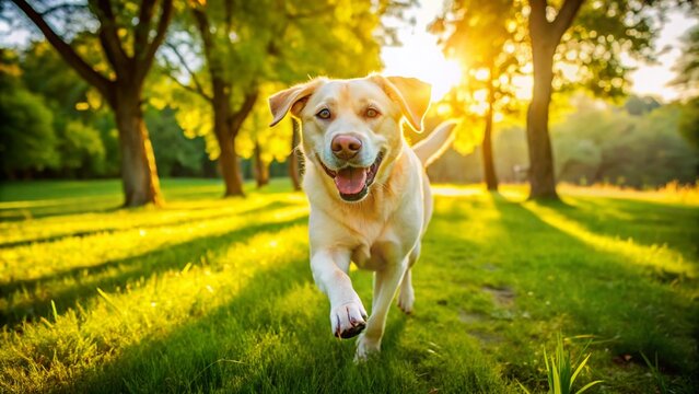 Playful yellow lab dog running in a sunny park, showcasing joy and energy in a vibrant outdoor setting