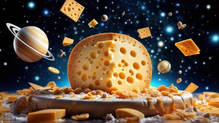 A whimsical depiction of cheese in space surrounded by planets and cheese pieces.