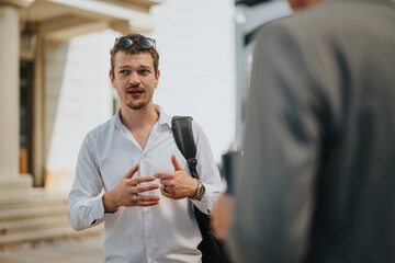 Young man in white shirt and sunglasses talking to a business professional outdoors, showcasing an engaging and dynamic conversation in a city environment.
