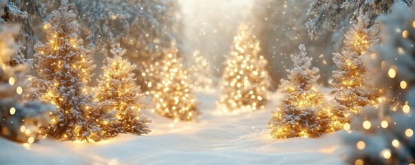 A snowy forest path with twinkling lights illuminating the trees.