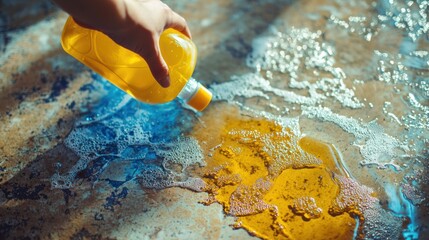 Conceptual image of a person using bleach to clean a stained surface, emphasizing the effectiveness of cleaning products