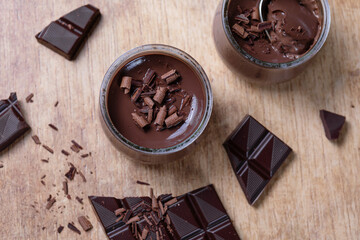 Tasty chocolate homemade creamy dessert in glasses 