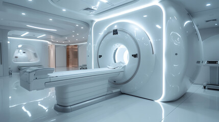 MRI scanner machine in clean room, modern and futuristic robot, health technology