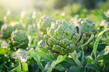 A vibrant field of artichokes surrounded by lush green leaves, illuminated by soft sunlight, showcasing agricultural beauty.