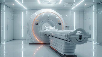 CAT scan machine in clean room, modern and futuristic robot, health technology