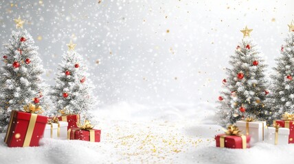 Christmas winter background with christmas tree in snow at night,Realistic 3d design Xmas card decoration,gift box,fir branches, pine cones,Merry Christmas,Happy new year banner,Vector illustration.