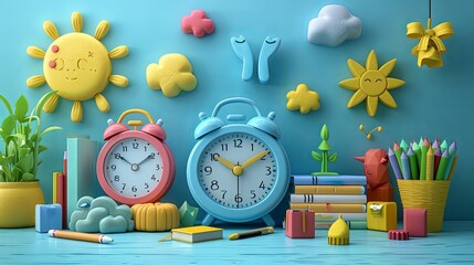 Back to school. Big alarm clock and student learning education elements. 3d rendering