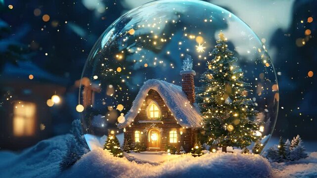 Snow globe with snowy Christmas tree and house, flat animation capturing festive magic