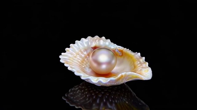 A delicate pearl resting inside an open seashell, displayed against a black background, symbolizing beauty, rarity, and ocean treasures. Concept for luxury, jewelry, and marine themes