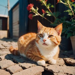 cat in the garden, International Cat Day, orange cat with blur background, orange cat is sitting...