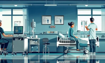 A hospital room with a man and woman sitting on a bed Video - Powered by Adobe