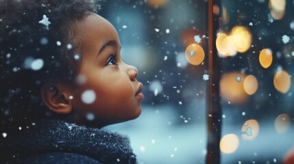 child  gazing at a window,  snow falling outside. Xmas concept