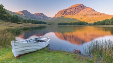 Obraz premium A Small Wooden Rowboat Moored on a Calm Lake With Mountain Reflections