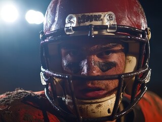 Fototapeta premium Intense Close-Up of a Football Player in Helmet