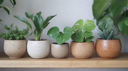 Fototapeta premium A collection of indoor plants in ceramic pots on a wooden shelf