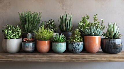 Fototapeta premium A collection of indoor plants in ceramic pots on a wooden shelf