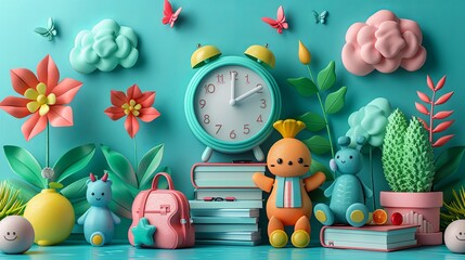 Obraz premium Back to school. Big alarm clock and student learning education elements. 3d rendering