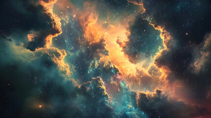 A colorful space scene with a large cloud of orange and blue