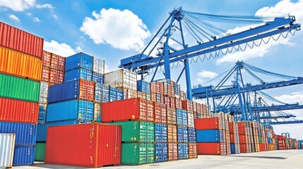 Fototapeta premium Cargo Containers Stacked at a Shipping Port with Gantry Cranes