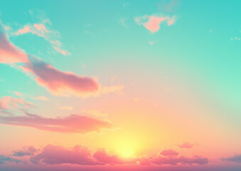 Naklejka premium A soft pastel sky at sunset with hues of orange and pink blending into the blue sky above. The sky is adorned with delicate clouds that create an enchanting backdrop for various applications. 