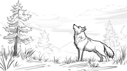 Obraz premium A proud wolf howling towards the sky, simple tree silhouettes in the background, bold lines, low details, no shading, child-friendly design, minimal foliage --ar 16:9 --sref https://s.mj.