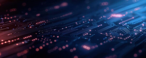 Obraz premium Abstract circuit board design with glowing lights on a dark background.