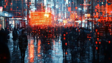 A bustling city scene at night filled with vibrant digital elements and neon lights reflecting on wet surfaces, capturing urban life and modern technology.