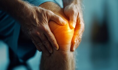 Fototapeta premium Person suffering from knee pain. Joint problems and arthritis on a dark background. Health and medical concept.