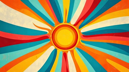 Abstract groovy sunburst with rainbow swirls, retro carnival background, bold circular motifs, funky poster elements, bright vintage circus colors