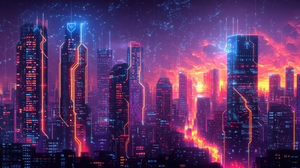 Fototapeta premium Abstract techno city, glowing neon circuits outlining buildings and energy beams, creating a vivid future metropolis against a dark sky
