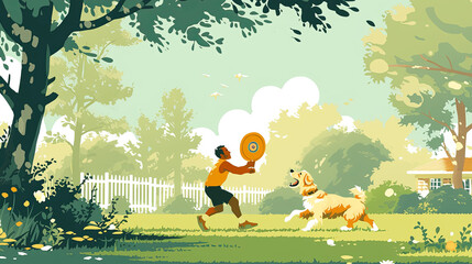 A joyful scene of a child playing fetch with a dog in a sunlit backyard, embodying the joy and innocence of childhood amidst lush greenery and nature's beauty.