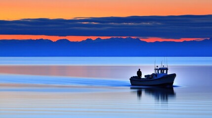 Naklejka premium A lone fishing boat traversing the calm waters at sunrise with a distant mountain range in the background.