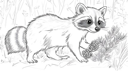 Obraz premium A raccoon holding a pinecone, standing next to a simple bush in the forest, bold lines, low details, no shading, minimal background, child-friendly design --ar 16:9 --sref https://s.mj.
