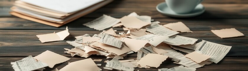 Obraz premium Torn-up stock certificates scattered over a desk, Stock Market Fail, paper loss, failed investments, financial crisis