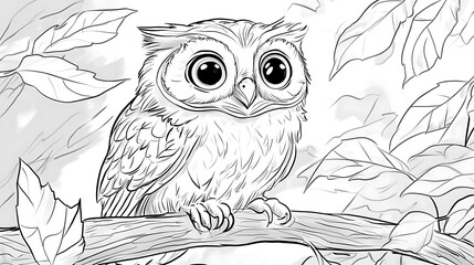 Fototapeta premium A realistic owl perched on a low branch with big round eyes, surrounded by simple leaf patterns, bold lines, low details, no shading, child-friendly design,