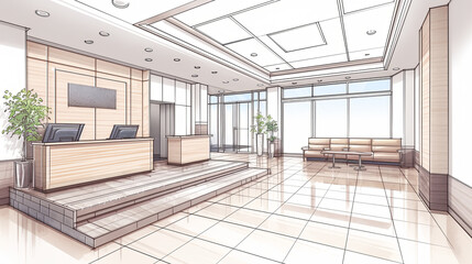 An office lobby designed with sleek decor, featuring wooden accents and overhead lighting, creating a professional yet welcoming business ambiance.