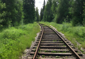 Fototapeta premium An eerie abandoned railway track, overgrown with grass and rusty rails, disappears into the dense forest, evoking a sense of forgotten history.