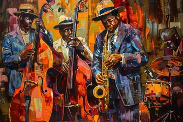 Obraz premium A man in a hat plays a saxophone in front of a group of other men, generative ai image