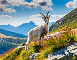 Obraz premium Mountain goat standing on rocky terrain with stunning mountain backdrop during a sunny day