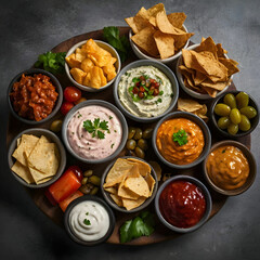 An assortment of dips and snacks presented together, featuring various flavors