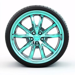 Obraz premium Stylish turquoise alloy wheel on a black tire, featuring a sleek design with shiny metallic accents, suitable for modern vehicles.