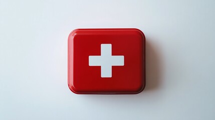 Obraz premium Red first aid kit with a white cross symbol on a clean white background, symbolizing medical assistance and emergency preparedness.