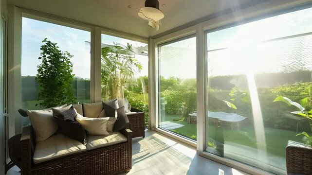 Camera pans across bright sunroom opening to patio, blurring lines between indoor and outdoor living spaces