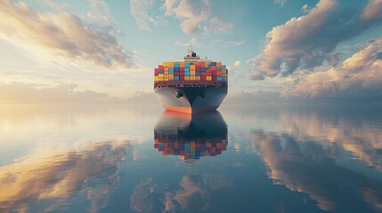 A realistic cargo ship adorned with colorful containers sailing through calm waters, reflecting clouds and sunrise in the serene atmosphere.