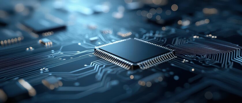 Close-up of a microprocessor on a circuit board with glowing connections and detailed circuitry.