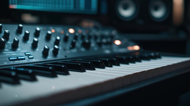 Close-up of a musical keyboard with sound equipment in the background, capturing creative music production.